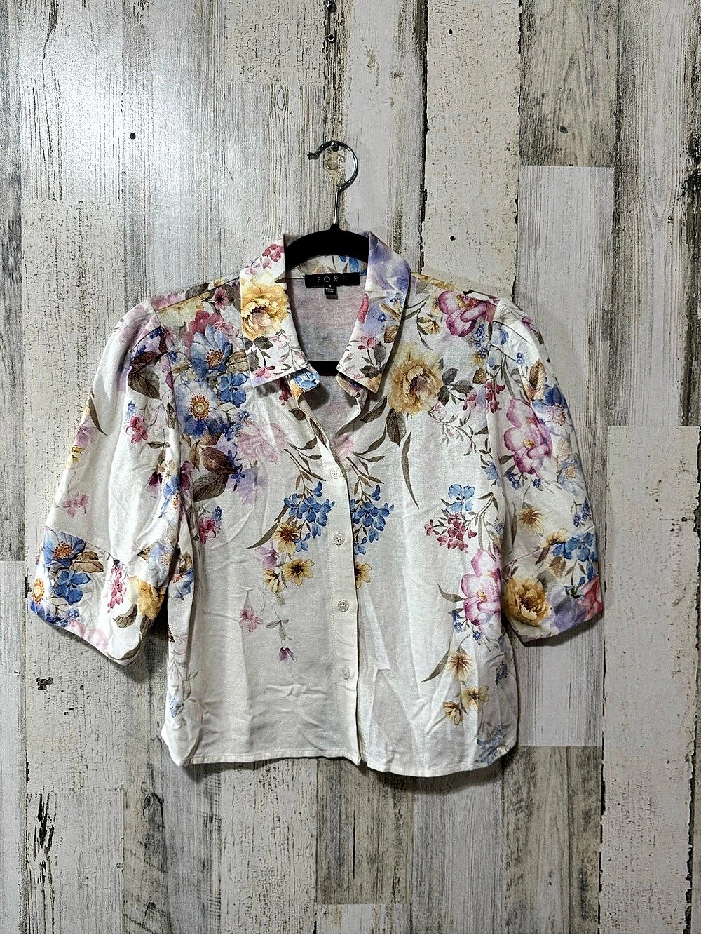 FORE Floral Cropped Button Down Shirt in White & Pink